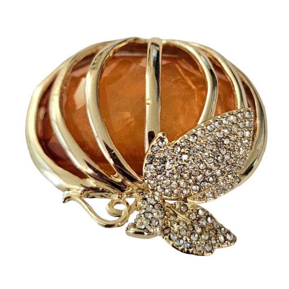 Napier Gold-Tone Caged Orange Resin Pumpkin Rhinestone Leaf Brooch Signed, L98 - Picture 5 of 8